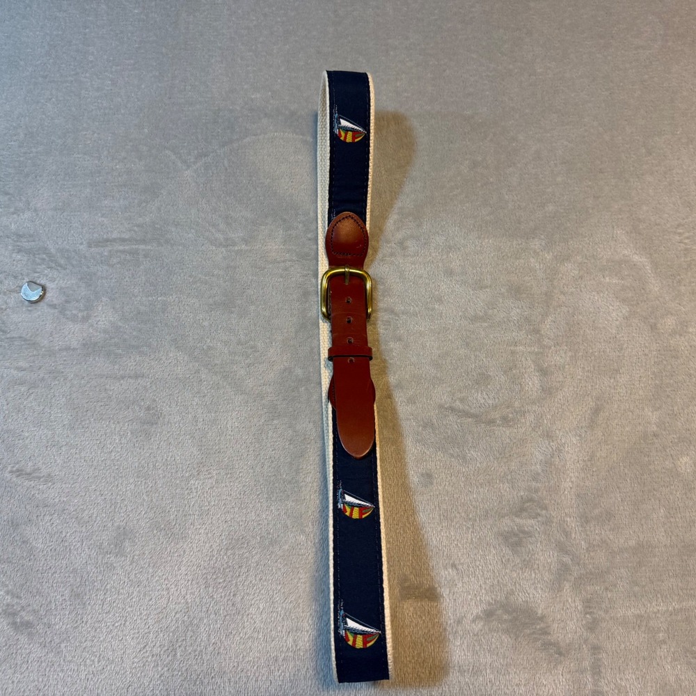 Vintage Sailboat‎ Embroidered Surcingle Belt Navy Cream Leather Brass Nautical
